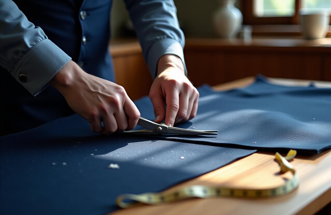 千代田区の工房で熟練の職人が生地を裁断する様子